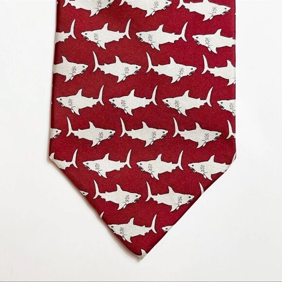 Josh Bach Necktie 100% Silk Red White Sharks Science Fisherman Ocean - Picture 6 of 7